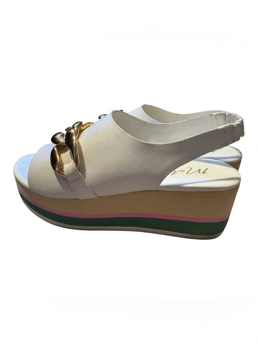 Matisse Natalia White Wedge Sandal with Gold Chain and Multicolor Platform